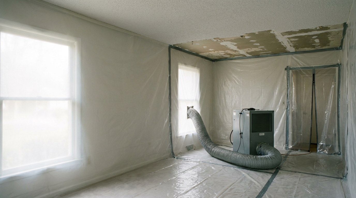 Living room of a 1960s ranch house sealed for asbestos removal: walls and floor covered in clear plastic sheeting with taped seams, part of the popcorn ceiling scraped to bare drywall, a grey negative-air machine with its exhaust duct running to a window, and a zippered plastic flap over the doorway