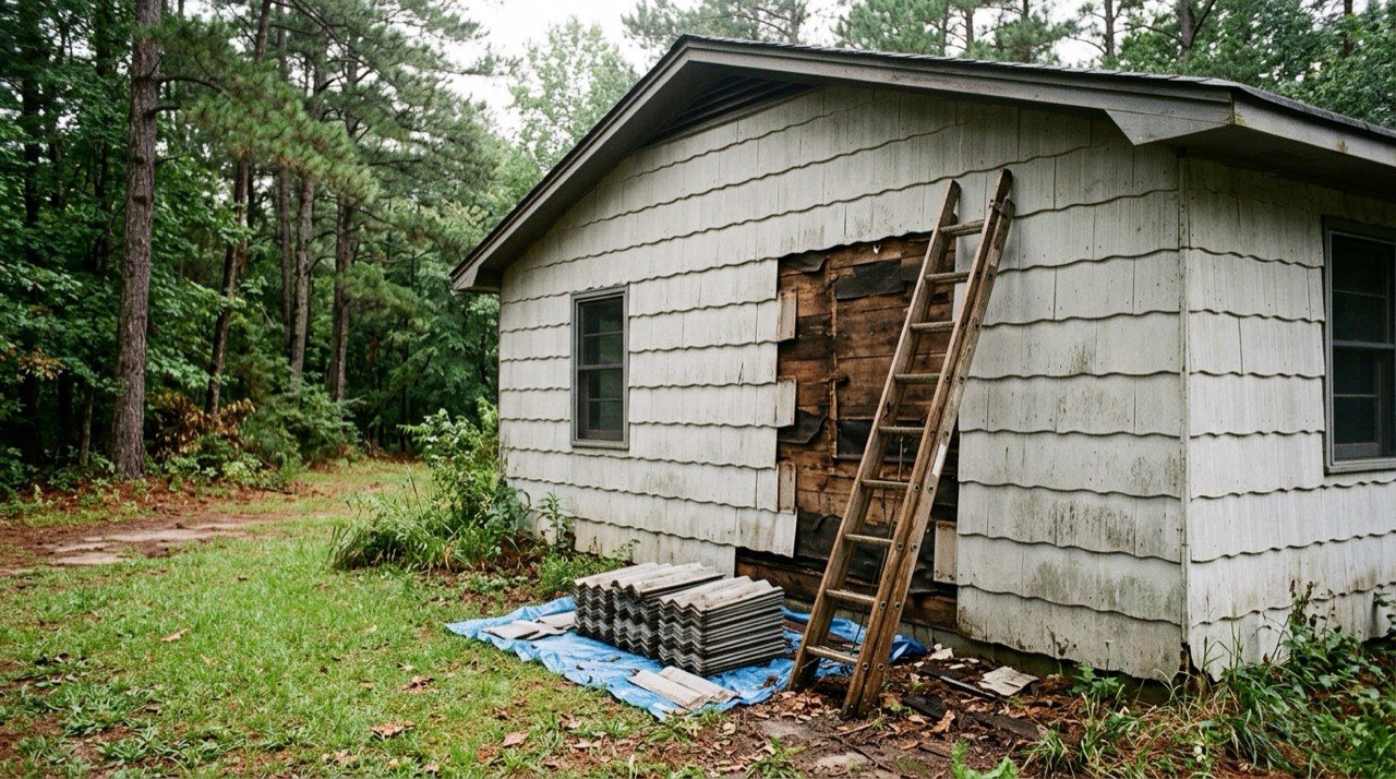 Small house clad in grey-white asbestos-cement siding shingles, with a section removed, a ladder against the wall and removed shingles stacked on a tarp, pine trees behind