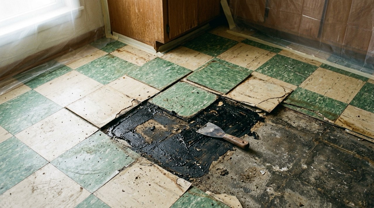 Old green and cream 9-inch vinyl floor tiles in a kitchen, several lifted to show black adhesive on the floor beneath, with a hand scraper lying on it