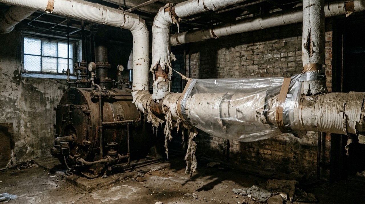 Old basement boiler and heating pipes wrapped in aged white insulation, some of it torn and hanging, with a clear glovebag taped around one length of pipe