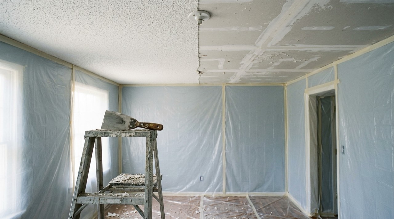 Room sealed in plastic sheeting with half the popcorn ceiling scraped back to bare drywall and a wide scraper resting on a stepladder