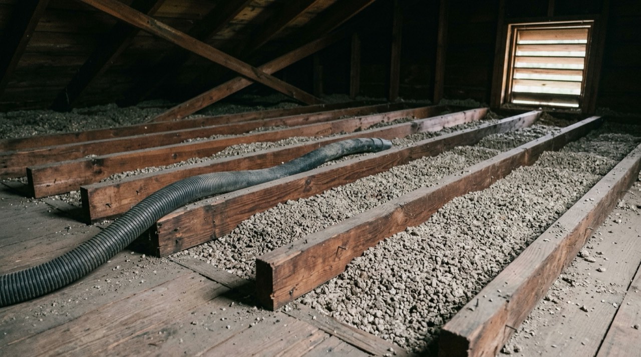 Attic floor between wooden joists filled with loose grey-brown vermiculite insulation, with a wide vacuum hose lying across the joists