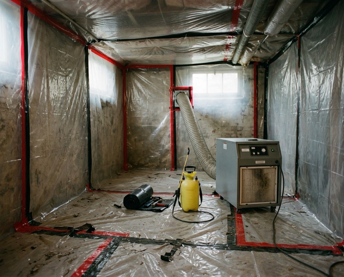 Basement sealed for asbestos work, with plastic sheeting taped over the walls and floor, a negative-air machine with a flexible duct, a pump sprayer and a roll of disposal bags on the floor